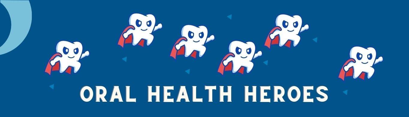 oral health heroes banner featuring tooth superheroes